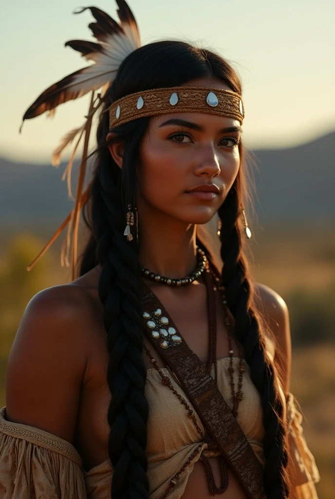  Painting of Marie Agroplus in the role of Pocahontas ,  Native American pretty girl , Perfectly symmetrical face,  jewelry Red, green, and white feathers of the aborigines,  handmade folk clothing ,  brave female warrior , (((The Wild West))) environment,  Utah landscape , Surreal, Conceptual Art, Elegant, ((complicated)), (( Very Detailed )), Depth of field, ((  Professional color rating  )), 柔和的environment照明, twilight, 8k, Artwork：Artgerm、Greg Rutkowski และ Alphonse Mucha