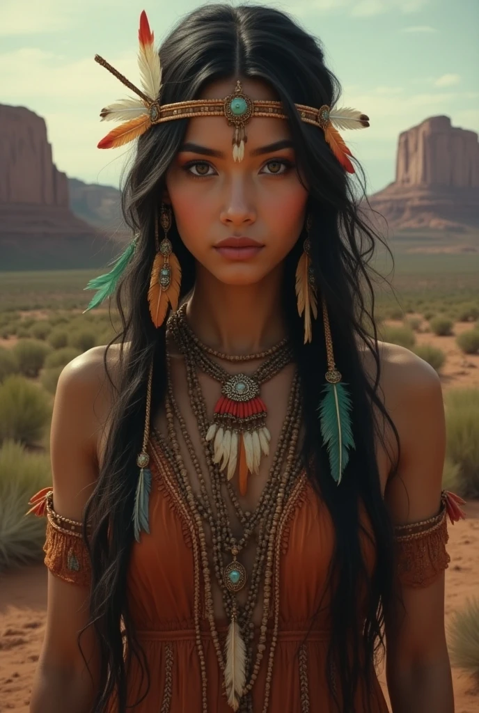  Painting of Marie Agroplus in the role of Pocahontas ,  Native American pretty girl , Perfectly symmetrical face,  jewelry Red, green, and white feathers of the aborigines,  handmade folk clothing ,  brave female warrior , (((The Wild West))) environment,  Utah landscape , Surreal, Conceptual Art, Elegant, ((complicated)), (( Very Detailed )), Depth of field, ((  Professional color rating  )), 柔和的environment照明, twilight, 8k, Artwork：Artgerm、Greg Rutkowski และ Alphonse Mucha