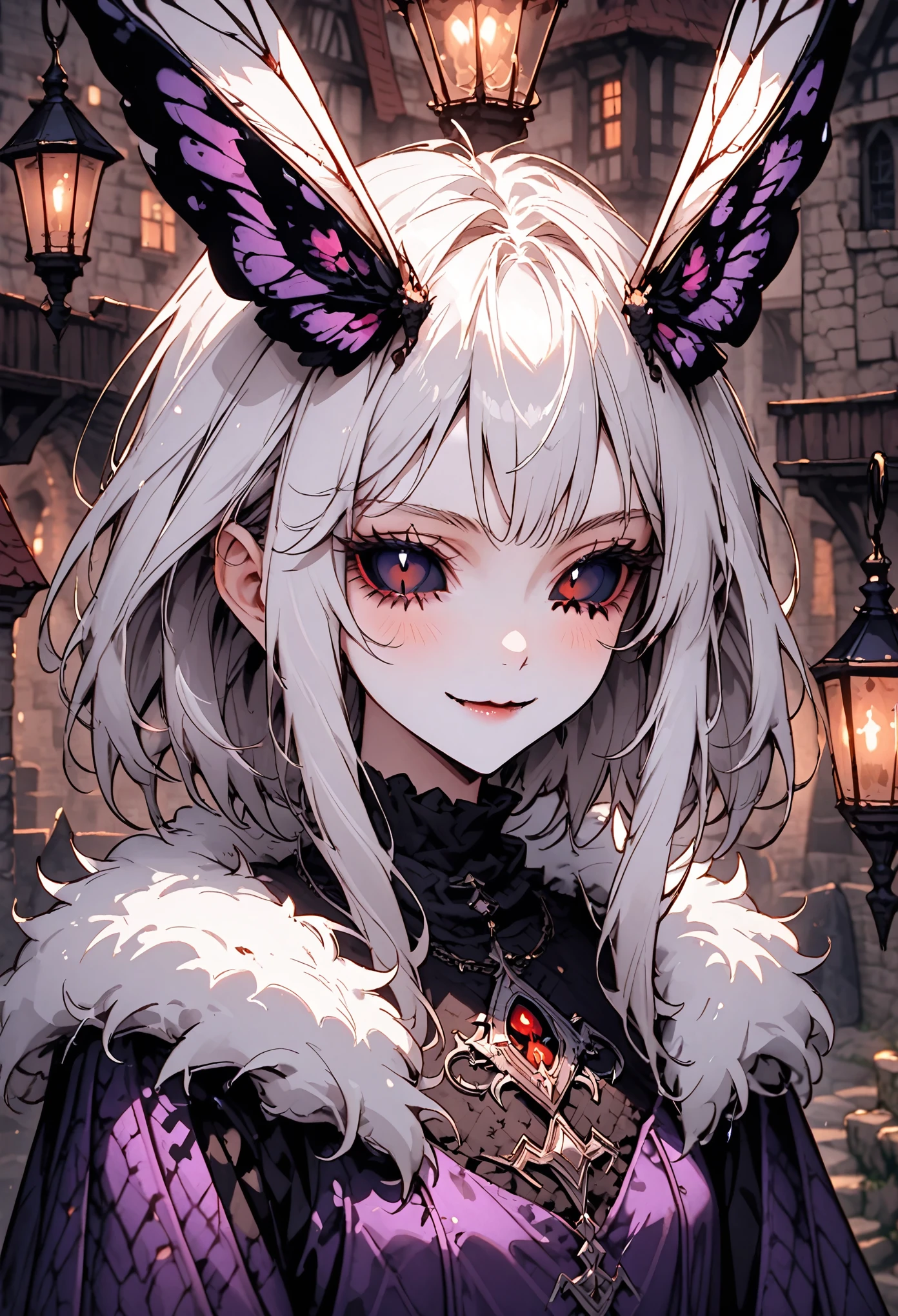 solo, female, close up, insect girl, mothman girl, black compound eyes, iridescent eyes, white-brown fur, silver hair, fluffy hair, huge white fur collar, slender, tall, moth antenna, Manduca sexta, simple black & purple clothes, medieval, town, gentle smile, lamp, black eyes, large moth wings, fluff, black sclera, humble, religious, insect hands, claws, segmented carapace