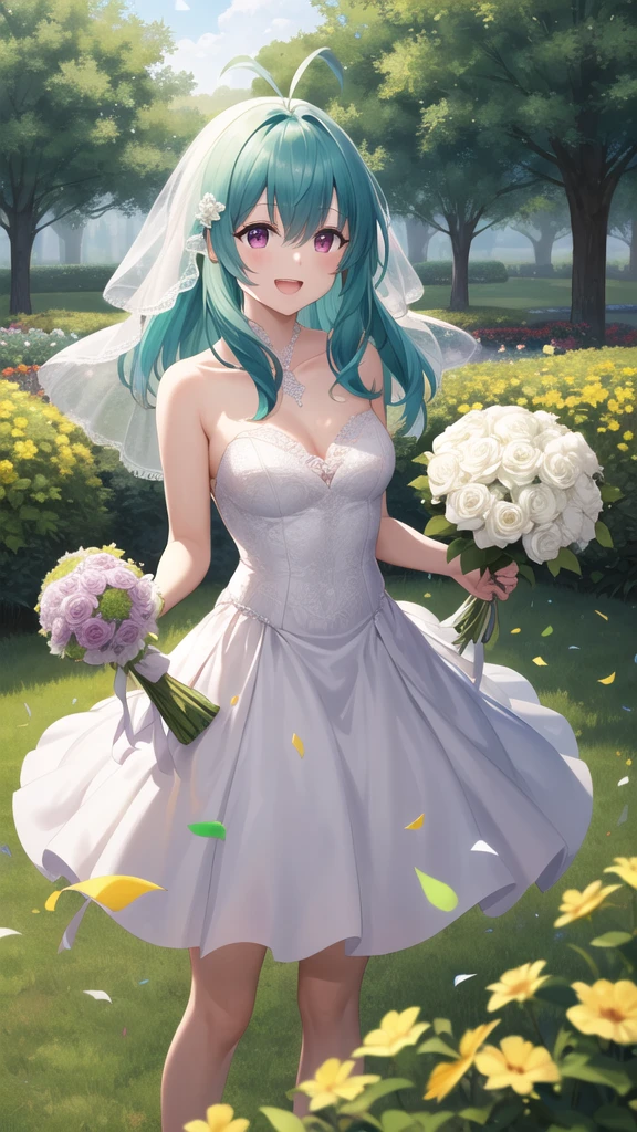 masterpiece, best quality, highres, aarej, solo, long hair, antenna hair, purple eyes, wedding dress, white dress, standing, cowboy shot, holding bouquet, smile, open mouth, confetti, garden,