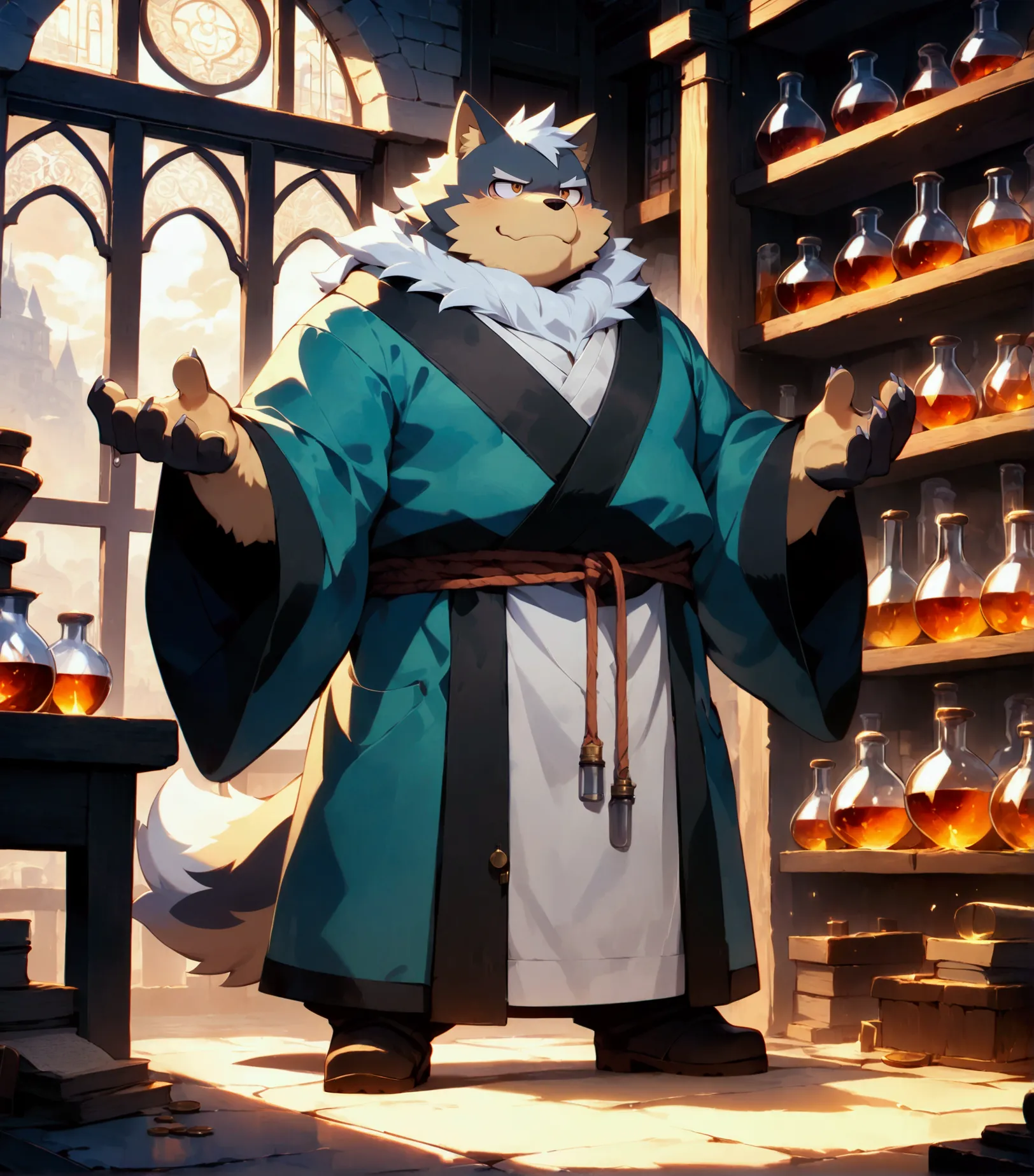 character focus, full body, looking away, dynamic angle, alchemist, a plump middle-aged dog man, little smile, alchemy robe, sta...