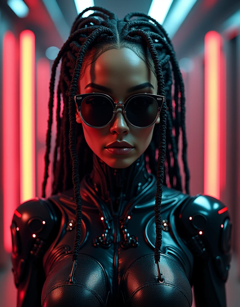 A cyborg woman with dreadlocks made of optic wires of massive craftsmanship, the face is beautiful and symmetric, wears high tech sunglasses equipped with mini LED light stripes, the torso is resembling a female hourglass figure but has many electronic implants of futuristic descent, with many electronic parts visible in this scene, there are some transparent tubes on the joints, the limbs are perfectly female human like with some aerodynamic alterations, the whole body is made from shiny black carbon fiber with some LED light stripes implanted in the material, the cyborg is located in a shady laboratory, illuminated by old school neon lights that are super bright, cinematic, majestic, detailed textures, Octane render, superb shadowing, perfect particle effects, HDR, 16k