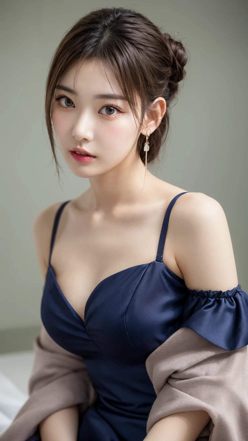 、 High Resolution 、超 High Resolution 、photograph、Japanese Women、Provocatively、cute、Age 25、、 highly detailed skin 、Japanese、、、Beautiful Face、Staring Eyes、Transparency、Even skin、細部まではっきりとexplanation、、、explanation、 Beautiful Thighs、、Ample breasts、、Updo、accessories( earrings)、、A pair of arms、 glamorous and tight off-shoulder one-piece dress、Delicately decorated clothes、Realistic body shape、、Soft to the touch、、、Mature body and face、、Curly hair、、、Beautiful fingertips、 shy、Do you look at your chest 、slouch、Bring your chest together with your arms to create cleavage 、ish round face、Slit Hem 、 Thigh Garter Belt、Shooting from the side