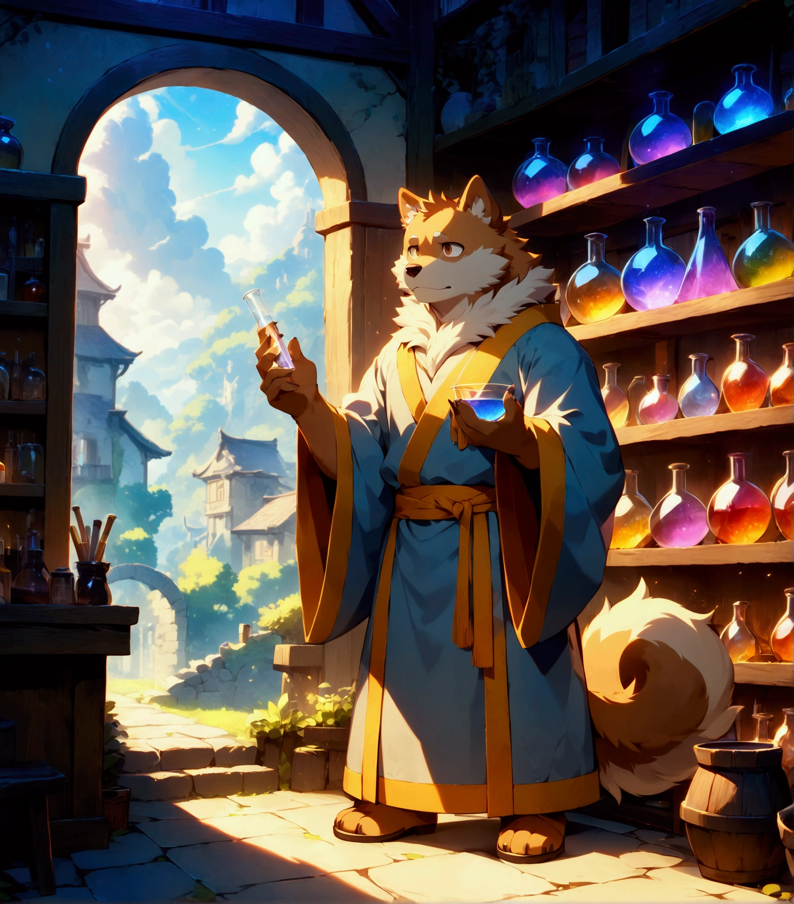 character focus, full body, looking away, dynamic angle, alchemist, a plump middle-aged akita inu man, little smile, alchemy robe, standing, (shaking a test tube), elegant pose, BREAK complete anatomy, perfect proportions, beautiful thigh gap, fluffy body, intricate fur details, beautiful fur texture, BREAK detailed elegant akita inu tail, detailed boots, beautiful foot, detailed hands, 5fingers, 5fingers nails, BREAK aesthetic anime face, insanity detailed face, male face, big face, square jawline, aesthetic anime eyes, detailed brown eyes, detailed brown cornea, detailed dark brown irises, detailed pupils, male eyes, big eyes, male eyebrows, innocent look, beautiful beard, BREAK full body in Michelangelo Buonarroti style, housamo style, digital illustration anime, detailed painting landscape, afternoon, alchemy shop, indoor, full color, HDR, BREAK masterpiece, official art, best quality, very aesthetic, absurdres, super fine illustration, great quality, BREAK noise reduction, very highres, large filesize, high quality, 32K, 8k wallpaper, dynamic lighting, BREAK insanity detailed, ultra detailed, intricate details, extremely detailed, detailed texture, an extremely delicate and beautiful, BREAK osukemo, e621 illustration, Fur Affinity illustration, kemohomo, anthropomorphic, furry, cartoon, harmonic body, pastoral face, virtuous eyes, epic atmosphere