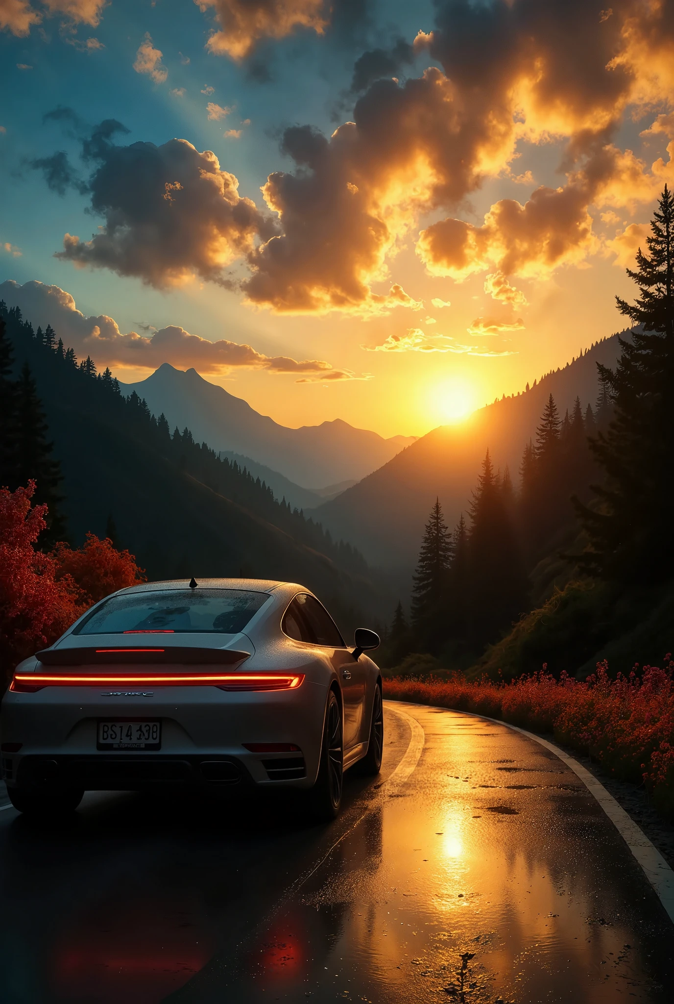 An award-winning masterpiece of visual delight, featuring a car driving into the sunset along a winding mountain road lined with vibrant flowers. The sun, low on the horizon, serves as the dominant light source, casting a warm, golden backlight that bathes the entire scene in a radiant glow. The backlight highlights the car’s sleek contours, creating dramatic silhouettes and reflections along its polished surface. A subtle Tyndall effect is visible as the sunlight filters through the trees and flowers, creating beams of light that add depth and atmosphere. A soft lens flare and gentle bloom enhance the sun’s brilliance, adding a dreamy, ethereal quality to the image. Specular highlights dance on the car’s metallic finish, accentuating its curves, while a delicate backscatter effect from dust and pollen in the air adds a touch of realism. The composition captures the serene beauty of the mountain landscape, the vibrant colors of the flowers, and the tranquil, yet dynamic, motion of the car as it drives toward the glowing horizon.