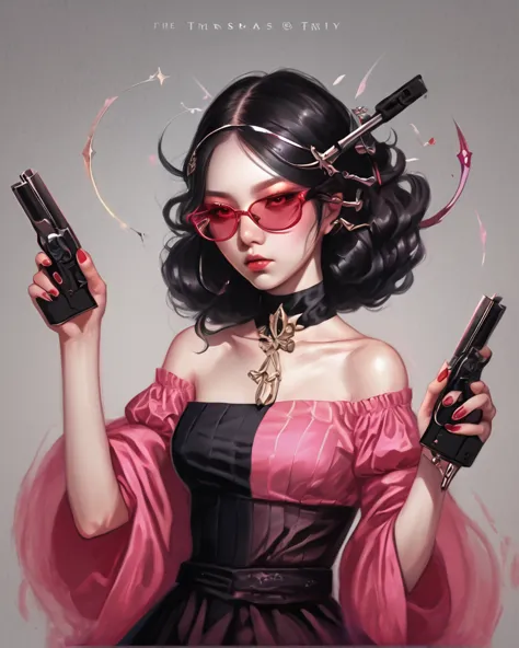 stickman woman in black pink and red dress with white holding glocks with a stelleto knofe pinning her hair with glass ray bands...