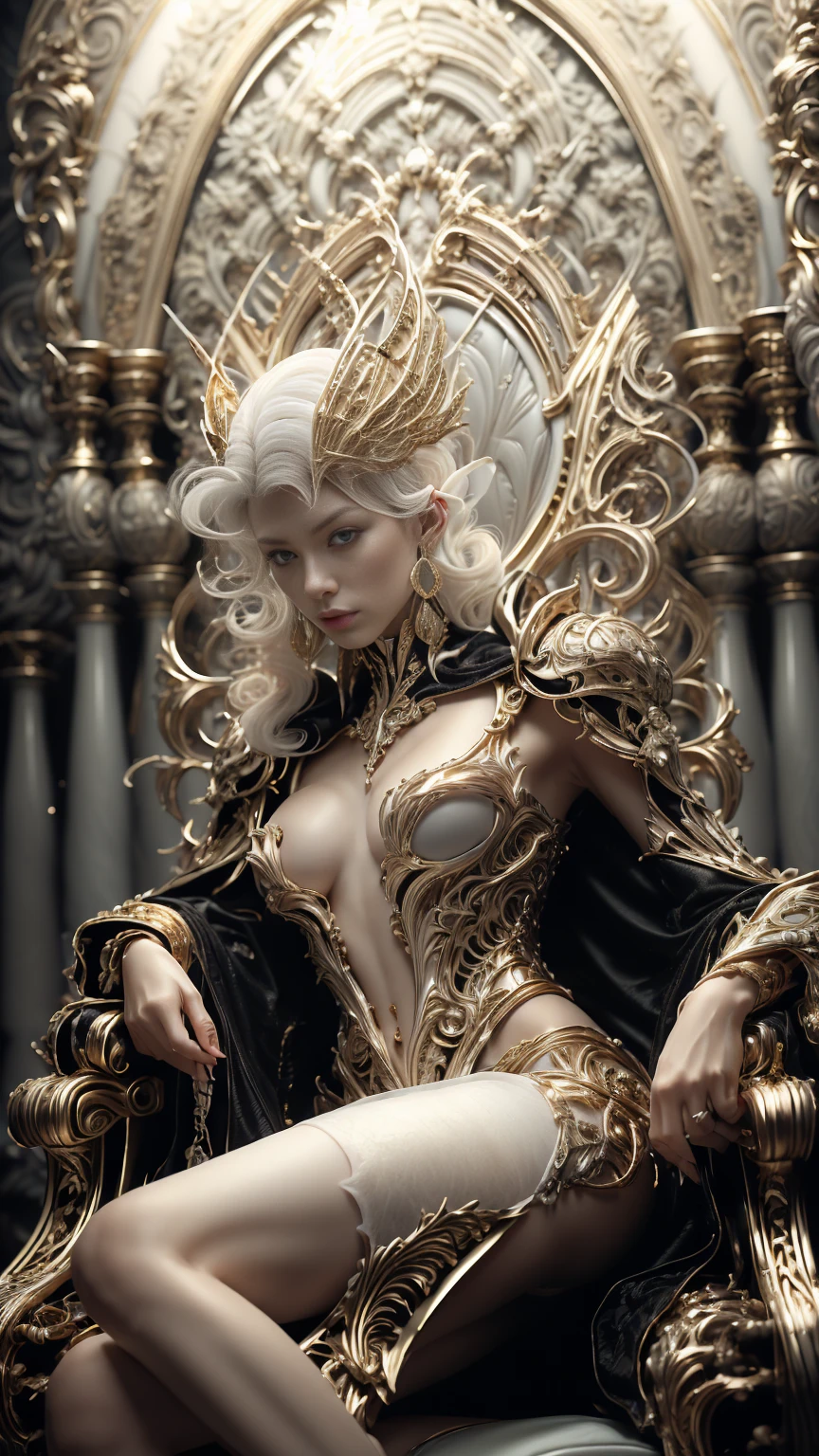 from below, low view shot , in the heart of a world of luxury , (1 sexy young Albina princess :1.25), sitting on a throne, with a baroque hairstyle, (hair white:1.25), gold with black comb , ears with gold earrings , sexy metallic black with gold clothing , Dark Gothic , Futuristic scenario, elegant smile, luxury makeup. In a luxury mansion with gold and black details , with luxury lighting , sensual pose, hand holds a black gold cup , create an atmosphere of baroque luxury with black and gold . good quality eyes, jet black eyes , ultra detailed, masterpiece, 4k, ray tracing, medium body, close up, Particles, sun rays,
