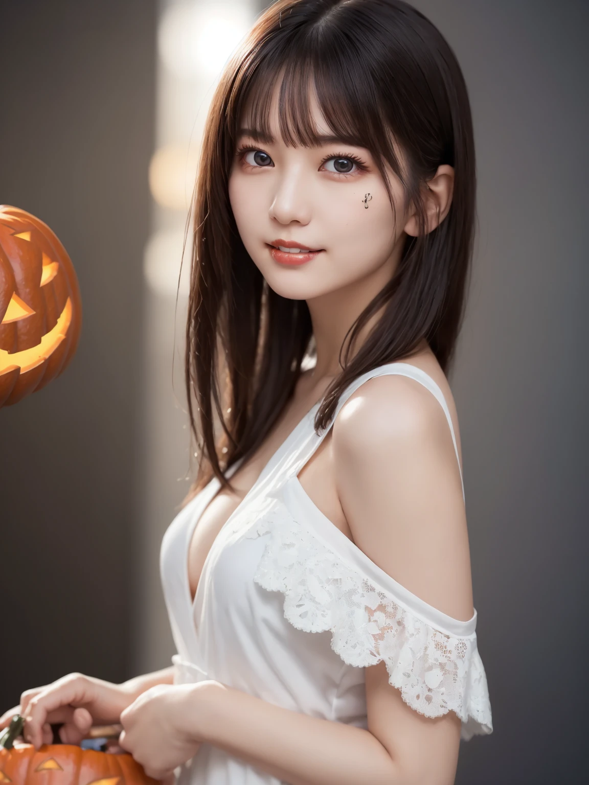 ( Halloween Outfits : 1.5), Complex and beautiful eyes、woman、Womanly black hair、(Delicate and realistic hair、1 bottle１Realistic hair)、bangs、Natural Color Lip、(smile : 1.2)、((White indoor))、((18歳woman:1.2))、Young and adorable Japanese face, Official Art，Highly detailed CG Unity 8k wallpaper，（masterpiece:1.0),(Best Quality:1.0), 超High resolution,4K,Very detailed, photo shoot, 8k, nffsw, High resolution, Kodak Portrait 400, Film Grain, Lens flare glow,高いest quality,8k,nffsw:1.2),Portrait Shot,8k、Show Viewer, (((Front View))), ((Facing))、Body facing forward、Bold cleavage、Firm breasts、(Small face : 1.5), Highest quality、Super beautiful images、stand up、(Shoulder to head  : 1.8)、(Focus on the head and face : 1.7)