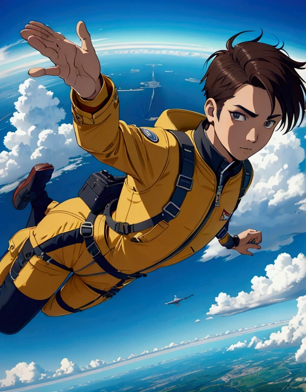 a man, plane, sky, wind, clouds, parachute, jump, equipment.
cartoon style.