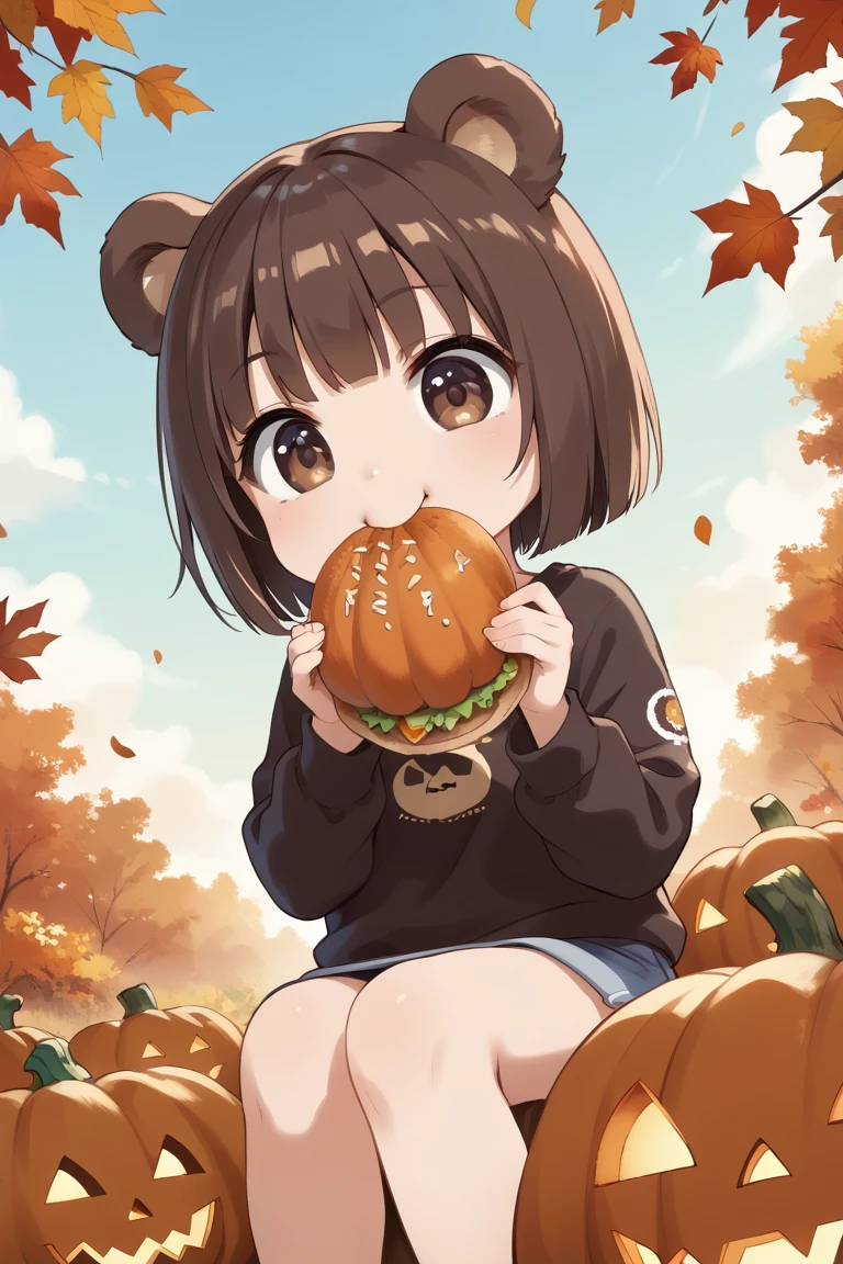 (masterpiece, best quality, ultra-detailed:1.2), hyper detailed, fine line drawing, cute,
1girl, 18yo, chibi, dark brown bob cut, big eyes, dark brown eyes, bear ears, bear tail,
happy, smiling, sitting, in the grassland, blue sky, dutch angle shot, midday,
autumn, looking away, (eating a sweet potato), Long sleeve, with Pumpkin,