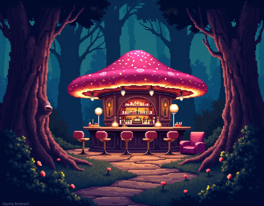 Nostalgic 8bit pixel art illustration of an improvised and stuffed glass bar carved inside a big colorful mushroom. The bar is decorated with glowing mushrooms and has expensive furniture. The background is silhouettes of giant trees of dark forest in the night. Dark atmosphere.