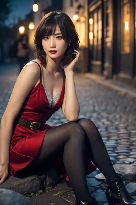 1 girl, ( she's wearing a red dress :1.3), (gothic makeup),  portrait of an adorable japanese symphonic metal singer, (raw photo...