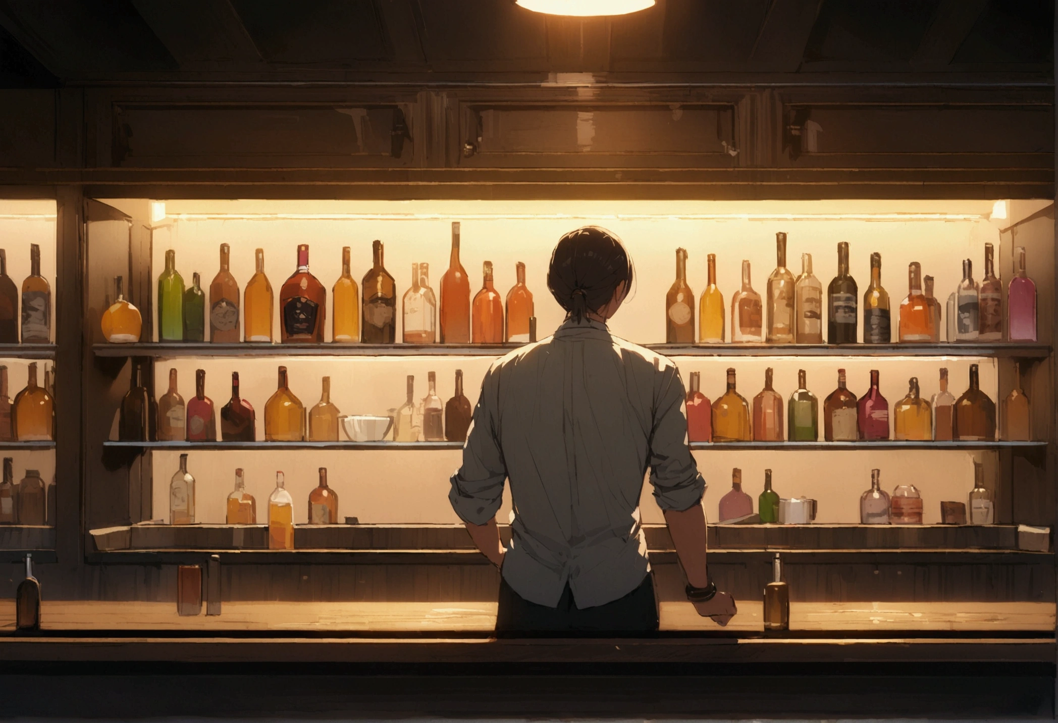 Quiet bar with bartenders polishing glasses