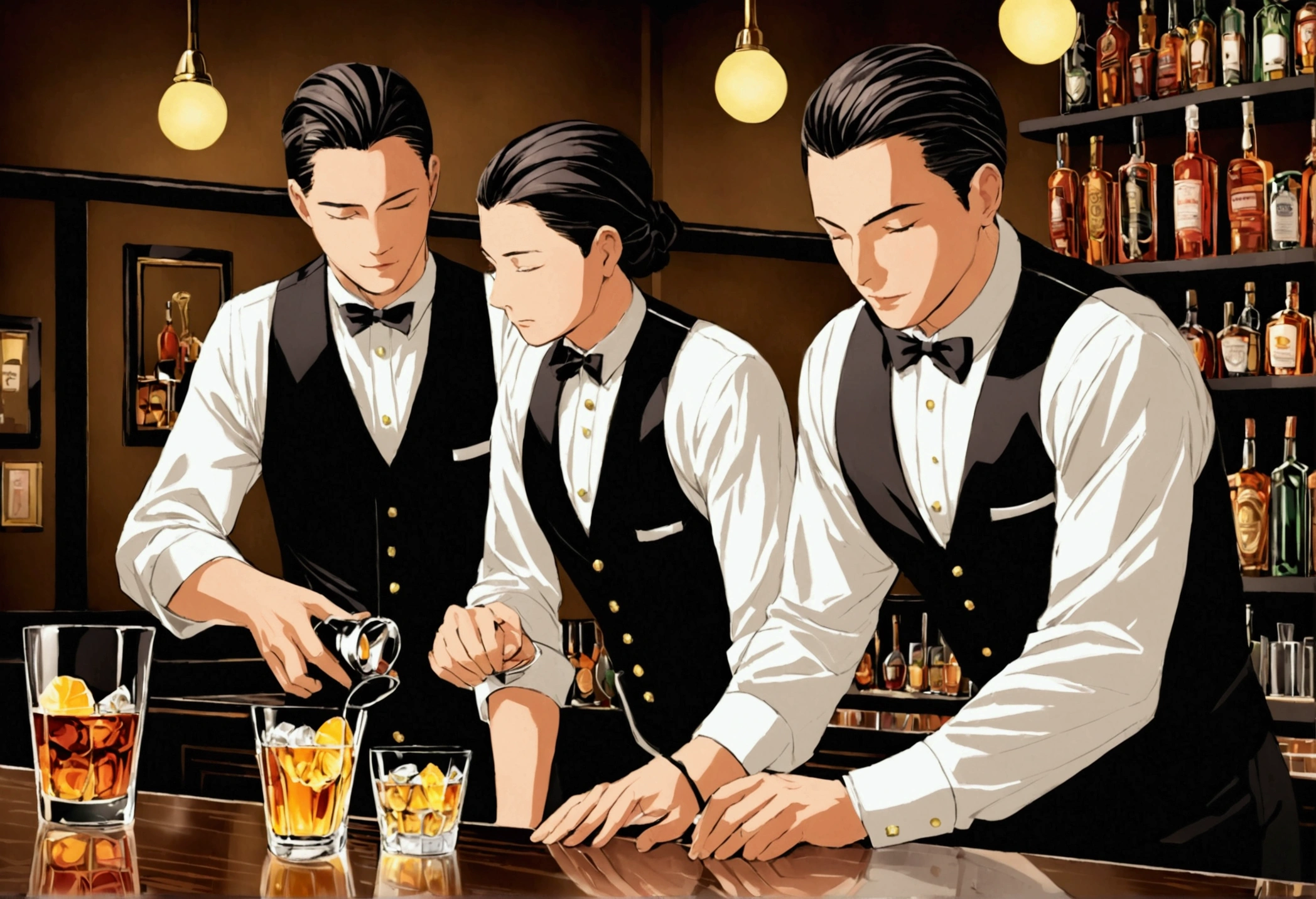 Quiet bar with bartenders polishing glasses