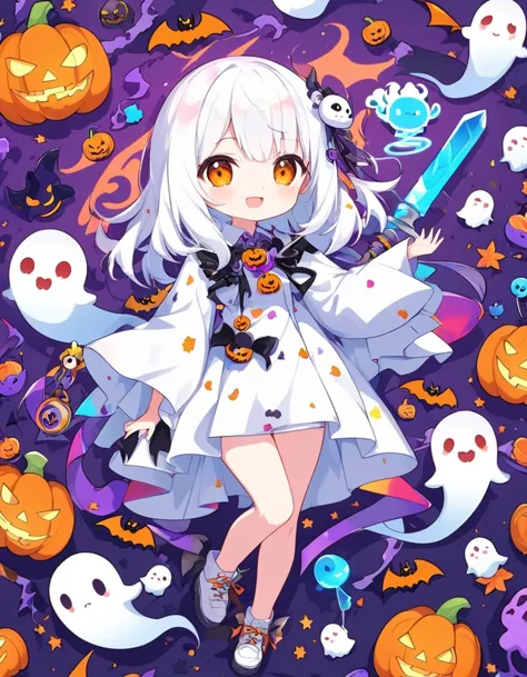 hallo the great spirit of tricks, halloween havoc, chibi, colorful, cute ghost, abstract concept, nitz