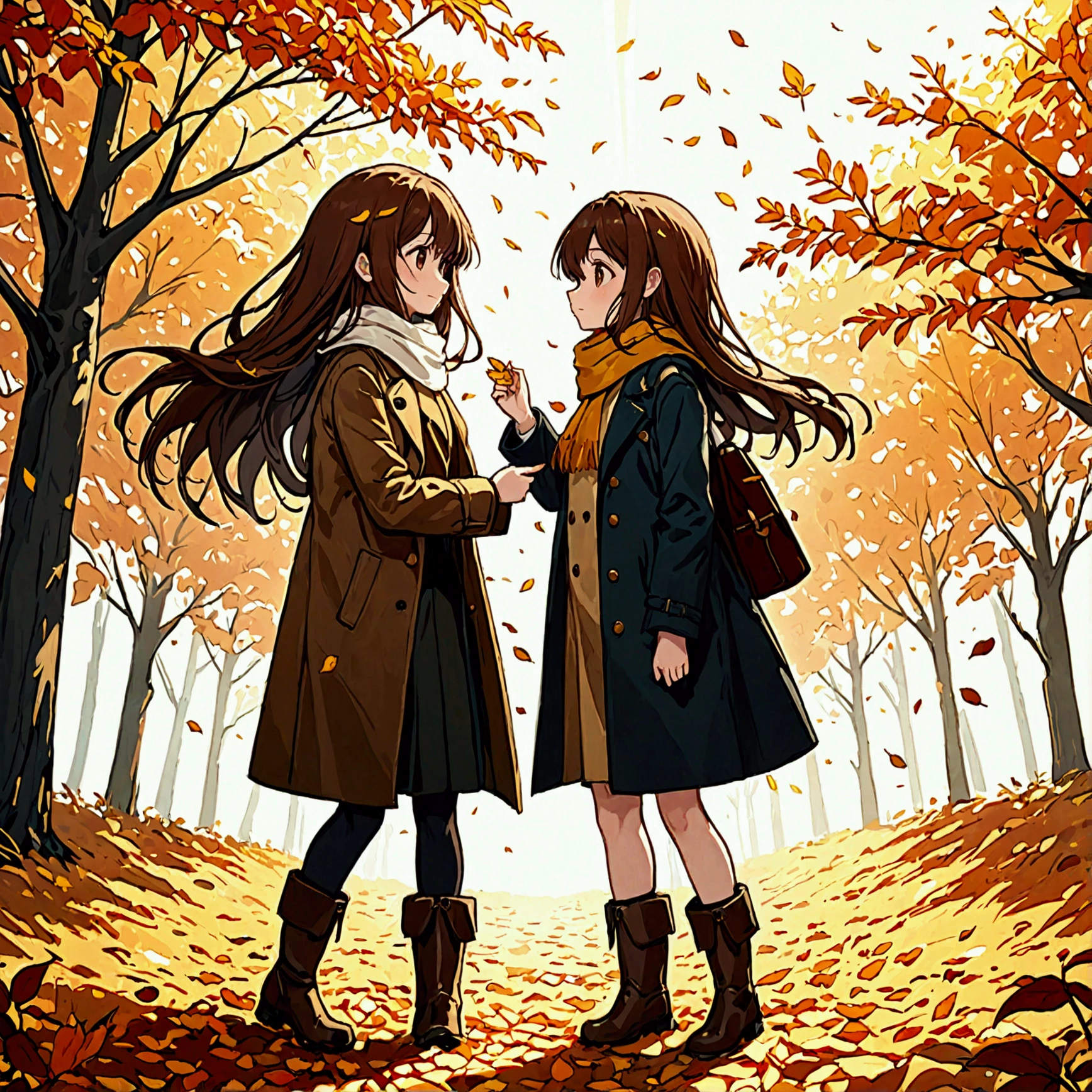 (solo),1girl\(long brown hair, cute, autumnal attire, scarf, coat, boots, pinching leaves\(which are shining golden through the sunlight),full body\\),(from side:1.3), long shot, simple minimalism white background, BREAK ,quality\(masterpiece, best quality,8k,wallpaper of extremely detailed CG unit, high resolution, top-quality, top-quality real texture skin, hyper realistic, increase the resolution, RAW photos, best quality, highly detailed, the wallpaper,golden ratio,high saturation realism, vibrant colors, dramatic lighting, persuasive storytelling, atmospheric scenery, captivating visuals, intricate details, strong emotions,dreamlike world\),