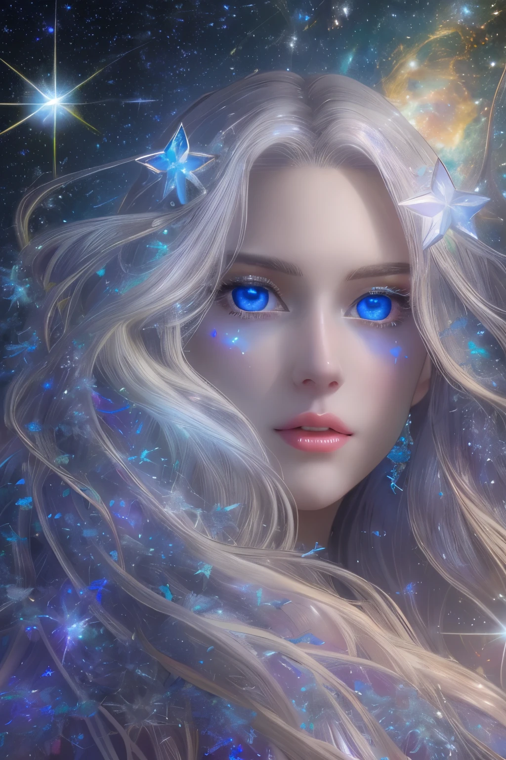 (Best Quality, High image quality,  High Resolution , 8k),  beautiful young woman, Silver blonde long hair, Beautiful Blue Eyes, Large Breasts, Mysterious seven-color shining light, The beauty of melting stars. crystallization, Shining Star, nebula, milky way, Shooting Star,  psychedelic art , Tangle, Super mysterious, Fantastic, Unrealistic, Detailed CG, 