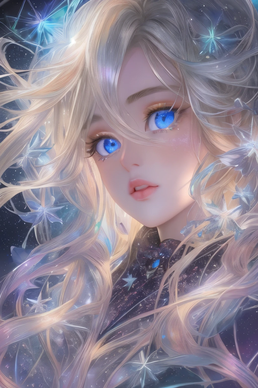 (Best Quality, High image quality,  High Resolution , 8k),  beautiful young woman, Silver blonde long hair, Beautiful Blue Eyes, Large Breasts, Mysterious seven-color shining light, The beauty of melting stars. crystallization, Shining Star, nebula, milky way, Shooting Star,  psychedelic art , Tangle, Super mysterious, Fantastic, Unrealistic, Detailed CG, 