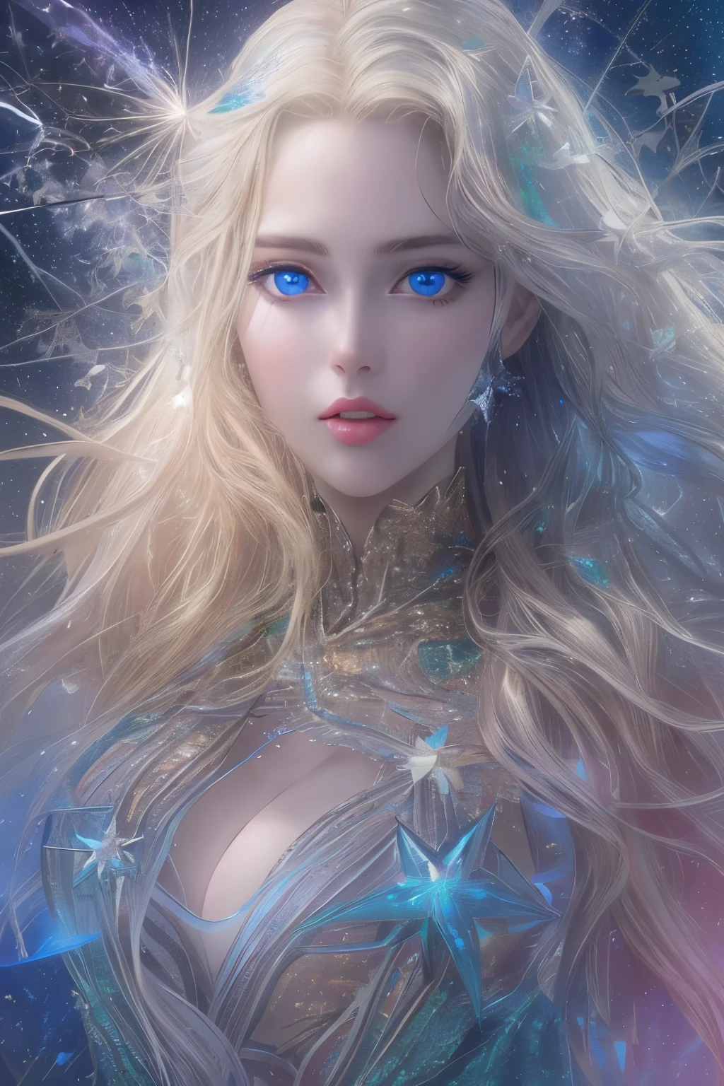 (Best Quality, High image quality,  High Resolution , 8k),  beautiful young woman, Silver blonde long hair, Beautiful Blue Eyes, Large Breasts, Mysterious seven-color shining light, The beauty of melting stars. crystallization, Shining Star, nebula, milky way, Shooting Star,  psychedelic art , Tangle, Super mysterious, Fantastic, Unrealistic, Detailed CG, 