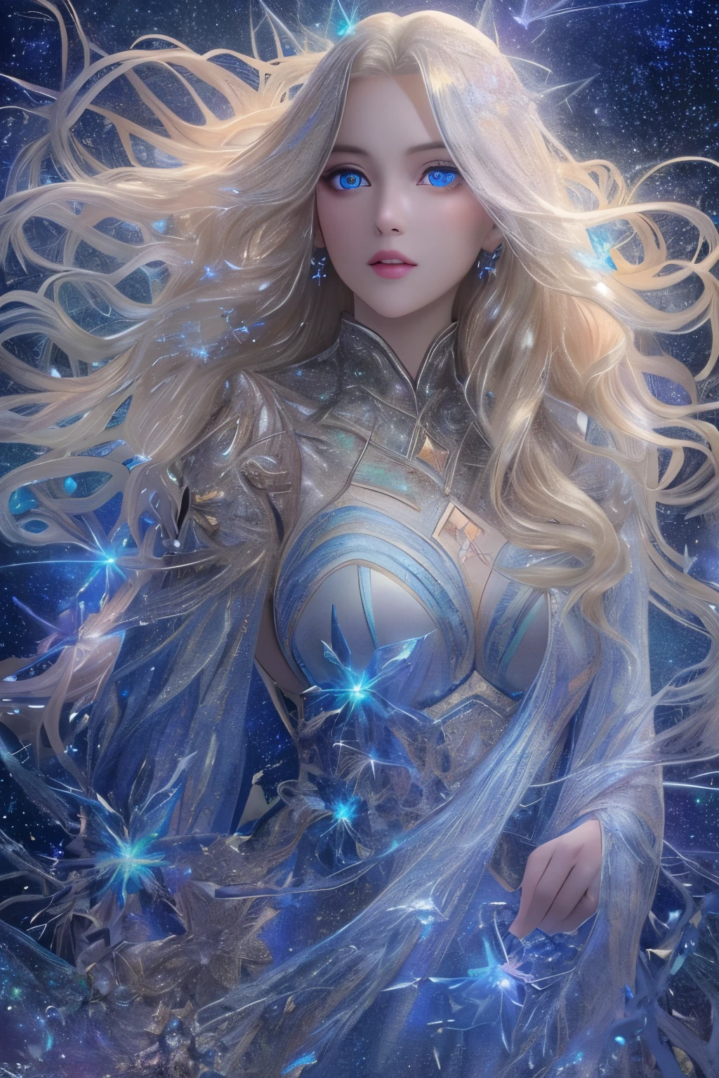 (Best Quality, High image quality,  High Resolution , 8k),  beautiful young woman, Silver blonde long hair, Beautiful Blue Eyes, Large Breasts, Mysterious seven-color shining light, The beauty of melting stars. crystallization, Shining Star, nebula, milky way, Shooting Star,  psychedelic art , Tangle, Super mysterious, Fantastic, Unrealistic, Detailed CG, 