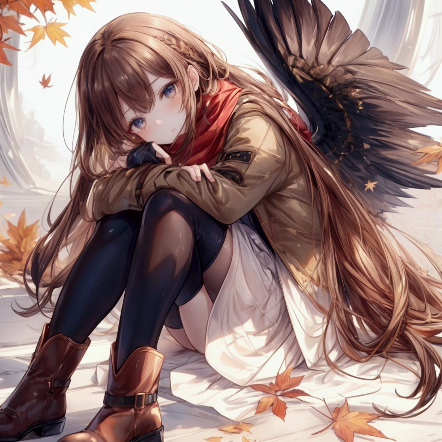 (solo),1girl\(long brown hair, cute, autumnal attire, scarf, coat, boots, pinching leaves\(which are shining golden through the sunlight),full body\\),(from side:1.3), long shot, simple minimalism white background, BREAK ,quality\(masterpiece, best quality,8k,wallpaper of extremely detailed CG unit, high resolution, top-quality, top-quality real texture skin, hyper realistic, increase the resolution, RAW photos, best quality, highly detailed, the wallpaper,golden ratio,high saturation realism, vibrant colors, dramatic lighting, persuasive storytelling, atmospheric scenery, captivating visuals, intricate details, strong emotions,dreamlike world\),