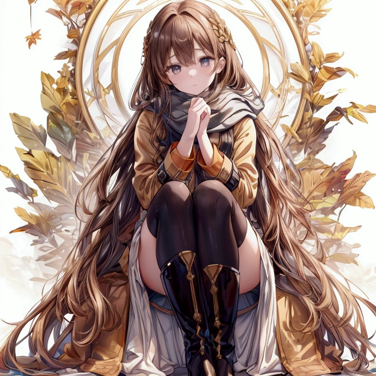 (solo),1girl\(long brown hair, cute, autumnal attire, scarf, coat, boots, pinching leaves\(which are shining golden through the sunlight),full body\\),(from side:1.3), long shot, simple minimalism white background, BREAK ,quality\(masterpiece, best quality,8k,wallpaper of extremely detailed CG unit, high resolution, top-quality, top-quality real texture skin, hyper realistic, increase the resolution, RAW photos, best quality, highly detailed, the wallpaper,golden ratio,high saturation realism, vibrant colors, dramatic lighting, persuasive storytelling, atmospheric scenery, captivating visuals, intricate details, strong emotions,dreamlike world\),