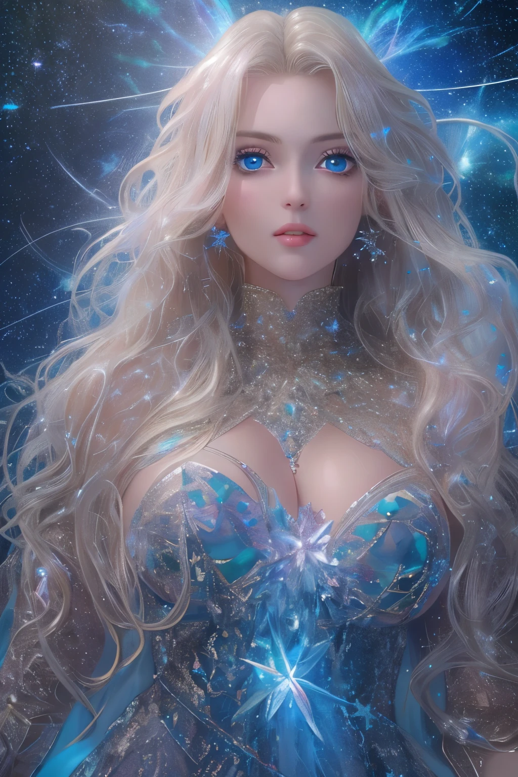 (Best Quality, High image quality,  High Resolution , 8k),  beautiful young woman, Silver blonde long hair, Beautiful Blue Eyes, Large Breasts, Mysterious seven-color shining light, The beauty of melting stars. crystallization, Shining Star, nebula, milky way, Shooting Star,  psychedelic art , Tangle, Super mysterious, Fantastic, Unrealistic, Detailed CG, 