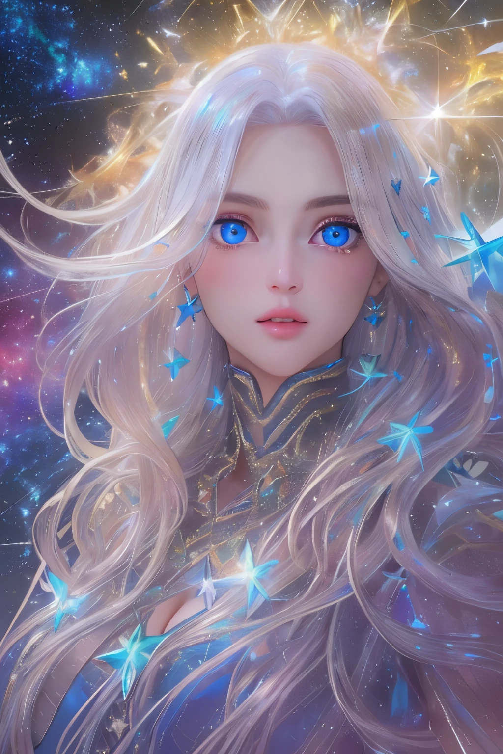 (Best Quality, High image quality,  High Resolution , 8k),  beautiful young woman, Silver blonde long hair, Beautiful Blue Eyes, Large Breasts, Mysterious seven-color shining light, The beauty of melting stars. crystallization, Shining Star, nebula, milky way, Shooting Star,  psychedelic art , Tangle, Super mysterious, Fantastic, Unrealistic, Detailed CG, 