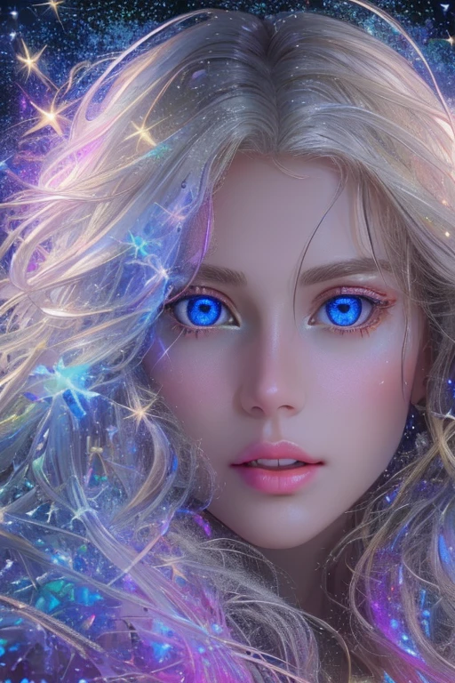 (Best Quality, High image quality,  High Resolution , 8k),  beautiful young woman, Silver blonde long hair, Beautiful Blue Eyes, Large Breasts, Mysterious seven-color shining light, The beauty of melting stars. crystallization, Shining Star, nebula, milky way, Shooting Star,  psychedelic art , Tangle, Super mysterious, Fantastic, Unrealistic, Detailed CG, 