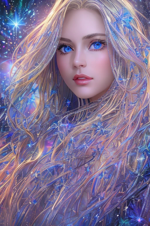 (Best Quality, High image quality,  High Resolution , 8k),  beautiful young woman, Silver blonde long hair, Beautiful Blue Eyes, Large Breasts, Mysterious seven-color shining light, The beauty of melting stars. crystallization, Shining Star, nebula, milky way, Shooting Star,  psychedelic art , Tangle, Super mysterious, Fantastic, Unrealistic, Detailed CG, 