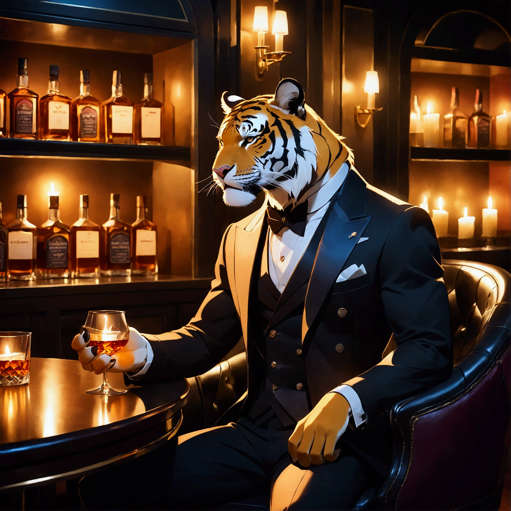 A sophisticated nighttime scene inside an elegant bar, where a dapper gentleman is enjoying a glass of whiskey. The tiger man, dressed in a tailored suit with a refined, confident demeanor, sits at a dimly lit bar counter. His expression is calm and contemplative as he holds a glass of amber-colored whiskey, the liquid catching the warm glow of the bar’s soft lighting. The bar has a classy atmosphere, with dark wood accents, leather seating, and shelves lined with premium spirits. Subtle details like polished glassware, flickering candlelight, and the quiet ambiance of the bar create a sense of luxury and refinement. The overall scene feels stylish, relaxed, and timeless.
(sophisticated bar, dapper gentleman, whiskey, tailored suit, dim lighting, amber liquid, refined atmosphere, dark wood accents, leather seating, premium spirits, polished glassware, candlelight, luxury, calm, contemplative, timeless)