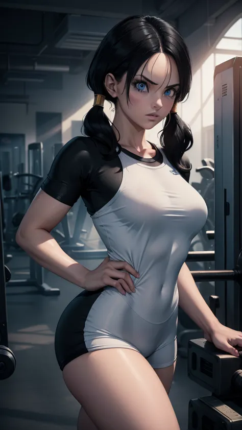 realistic 1.2, 1 girl, dragon ball z, gym clothes,  white sports top , black lycra shorts , she is at the gym, gym, 2 ponytails,...