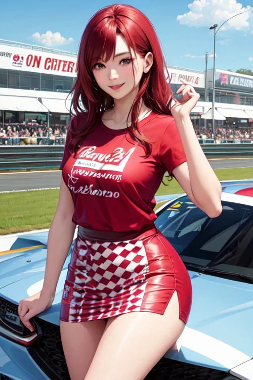  beautiful 32-year-old Japanese girl , Redhead,  wearing a racing model costume but not naked but wearing a miniskirt 
 slightly long checkered , striking pink t-shirt ,  holding the checkered flag at the start of the cars for a realistic and smiling car racing track