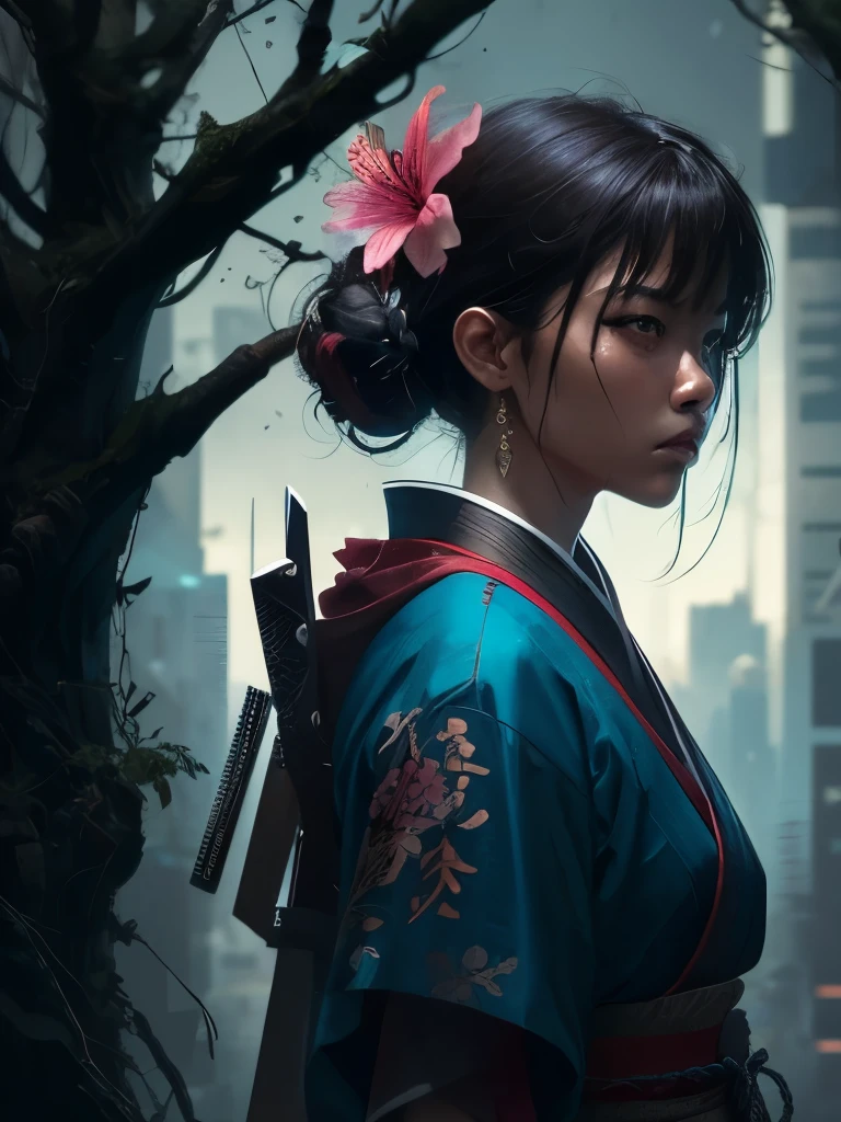 a close up of a person holding two swords near a tree, cyberpunk art by Mike Winkelmann, trending on cgsociety, fantasy art, neon samurai, very beautiful cyberpunk samurai, cyberpunk samurai, portrait of a cyberpunk samurai, samurai warrior, japanese art on behance, 🌺 cgsociety, urban samurai, cyborg samurai, cgsociety 4k”, japanese samurai