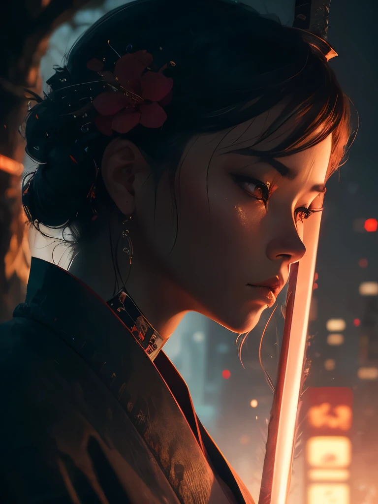 a close up of a person holding two swords near a tree, cyberpunk art by Mike Winkelmann, trending on cgsociety, fantasy art, neon samurai, very beautiful cyberpunk samurai, cyberpunk samurai, portrait of a cyberpunk samurai, samurai warrior, japanese art on behance, 🌺 cgsociety, urban samurai, cyborg samurai, cgsociety 4k”, japanese samurai