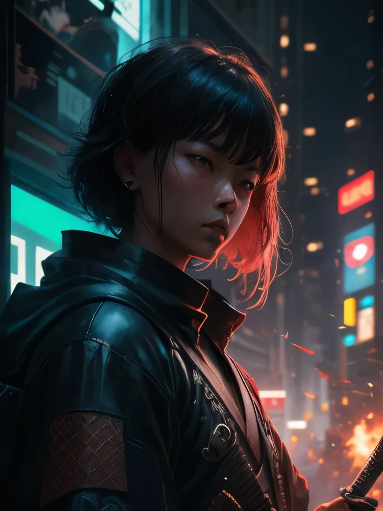 a close up of a person holding two swords near a tree, cyberpunk art by Mike Winkelmann, trending on cgsociety, fantasy art, neon samurai, very beautiful cyberpunk samurai, cyberpunk samurai, portrait of a cyberpunk samurai, samurai warrior, japanese art on behance, 🌺 cgsociety, urban samurai, cyborg samurai, cgsociety 4k”, japanese samurai