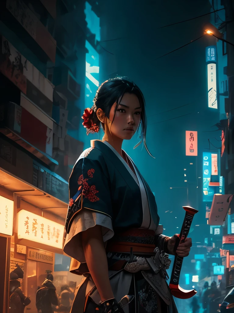 a close up of a person holding two swords near a tree, cyberpunk art by Mike Winkelmann, trending on cgsociety, fantasy art, neon samurai, very beautiful cyberpunk samurai, cyberpunk samurai, portrait of a cyberpunk samurai, samurai warrior, japanese art on behance, 🌺 cgsociety, urban samurai, cyborg samurai, cgsociety 4k”, japanese samurai