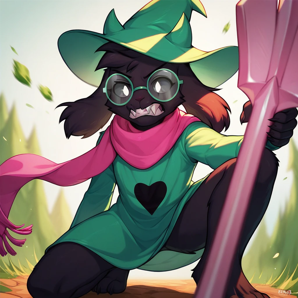 anthro, score_9, score_8_up, score_7_up, furry, fur, green wizard hat, Ralsei(deltarune), boss monster(undertale), black fur, green sleeves, cute, green glasses, black eyes, white pupils, hatted, green robes,pink scarf,solo, by cocothemunchkin, trail, nature, no socks, no shoes, paws, looking down, pov, fight, attacking with scarf, swinging scarf, angry, gritting teeth, scarf covering mouth, wielding heavy spear, badass, furrowed eyebrows, down on one knee