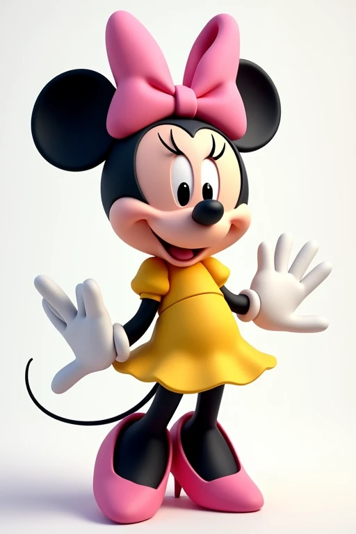  realistic image of what Minie Mouse the mouse would look like in real life,  if it weren't cartoon ,  with her pink ribbon , yellow dress, white gloves,  half pink face , pink heels,  little black legs , Little black tail ,  black ears and smiling looking at the camera .