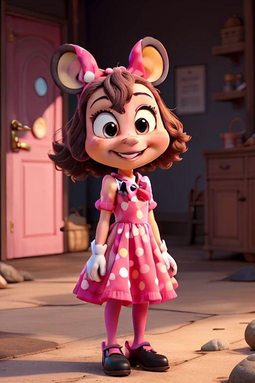  realistic image of what Minie Mouse the mouse would look like in real life,  if it weren't cartoon ,  with her intense pink bow, intense pink dress , white gloves,  half pink face , pink heels,  little black legs , Little black tail ,  black ears and smiling looking at the camera .