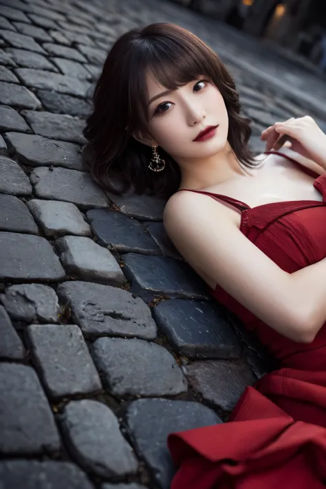 1 girl, (  she's wearing a red dress  :1.3), (gothic makeup),   portrait of an adorable japanese symphonic metal singer, (raw ph...