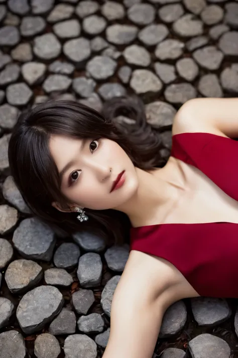 1 girl, ( she's wearing a red dress :1.3), (gothic makeup), portrait of an adorable japanese symphonic metal singer, (raw photo ...