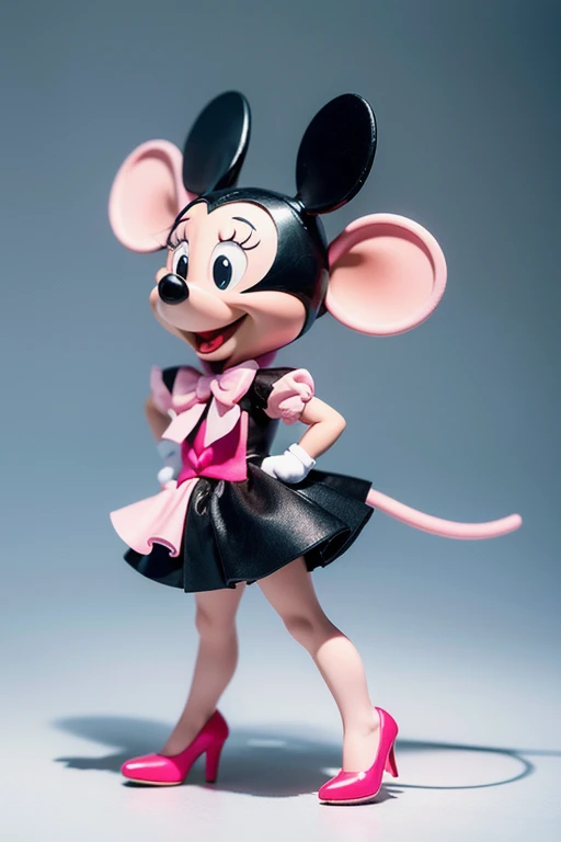  realistic image of what Minie Mouse the mouse would look like in real life,  if it weren't cartoon ,  with her intense pink bow, intense pink dress , white gloves,  half pink face , pink heels,  little black legs , Little black tail ,  black ears and smiling looking at the camera .