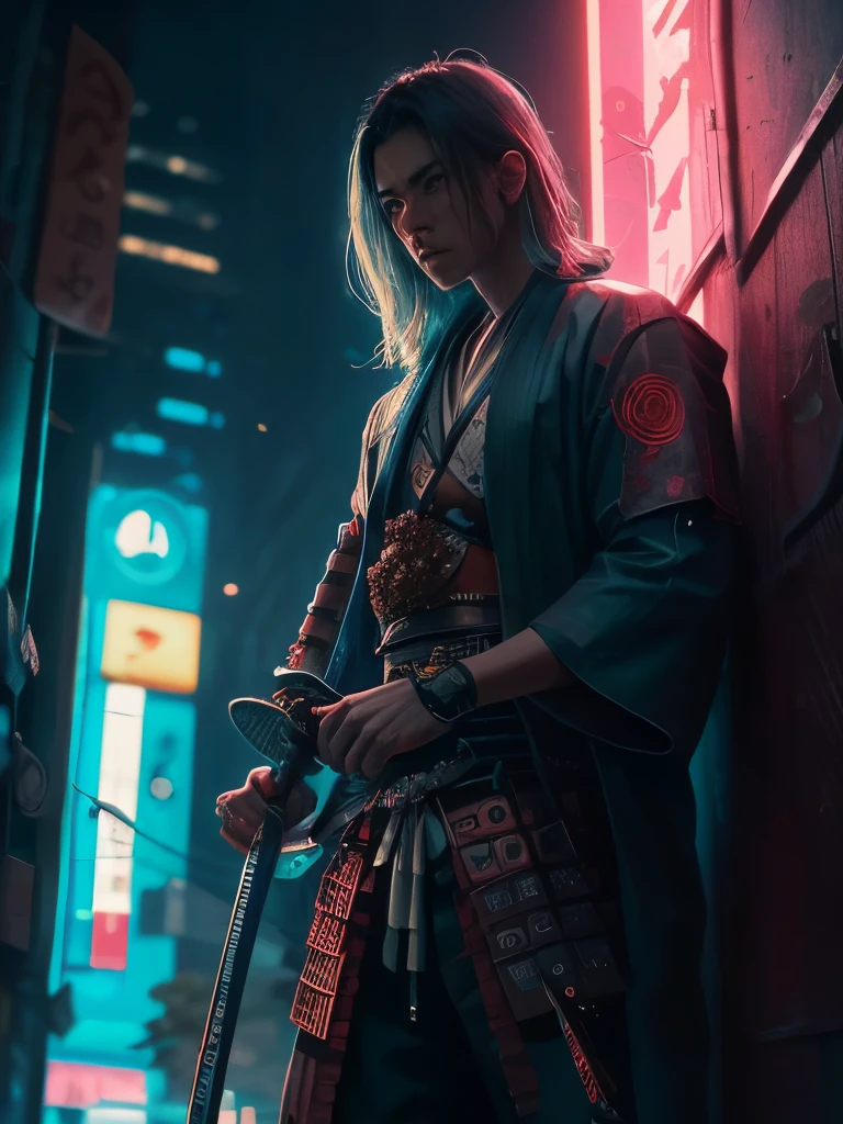 a close up of a person holding two swords near a tree, cyberpunk art by Mike Winkelmann, trending on cgsociety, fantasy art, neon samurai, very beautiful cyberpunk samurai, cyberpunk samurai, portrait of a cyberpunk samurai, samurai warrior, japanese art on behance, 🌺 cgsociety, urban samurai, cyborg samurai, cgsociety 4k”, japanese samurai