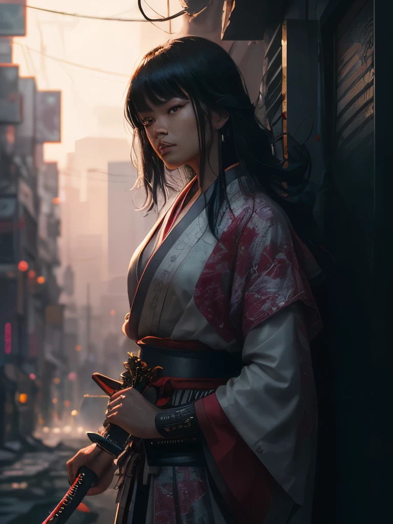 a close up of a person holding two swords near a tree, cyberpunk art by Mike Winkelmann, trending on cgsociety, fantasy art, neon samurai, very beautiful cyberpunk samurai, cyberpunk samurai, portrait of a cyberpunk samurai, samurai warrior, japanese art on behance, 🌺 cgsociety, urban samurai, cyborg samurai, cgsociety 4k”, japanese samurai