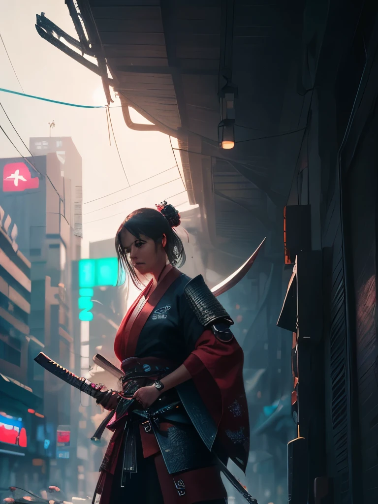 a close up of a person holding two swords near a tree, cyberpunk art by Mike Winkelmann, trending on cgsociety, fantasy art, neon samurai, very beautiful cyberpunk samurai, cyberpunk samurai, portrait of a cyberpunk samurai, samurai warrior, japanese art on behance, 🌺 cgsociety, urban samurai, cyborg samurai, cgsociety 4k”, japanese samurai