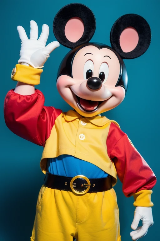  realistic image of what Mickey Mouse the mouse would look like in real life,  if it weren't cartoon ,  with intense red shorts and yellow buttons , white gloves,  half pink face , light blue and yellow t-shirt ,  red and yellow blue sneakers ,  little black legs , Little black tail ,  black ears and smiling looking at the camera .