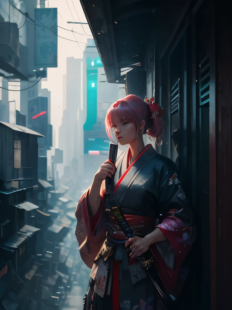 a close up of a person holding two swords near a tree, cyberpunk art by Mike Winkelmann, trending on cgsociety, fantasy art, neon samurai, very beautiful cyberpunk samurai, cyberpunk samurai, portrait of a cyberpunk samurai, samurai warrior, japanese art on behance, 🌺 cgsociety, urban samurai, cyborg samurai, cgsociety 4k”, japanese samurai