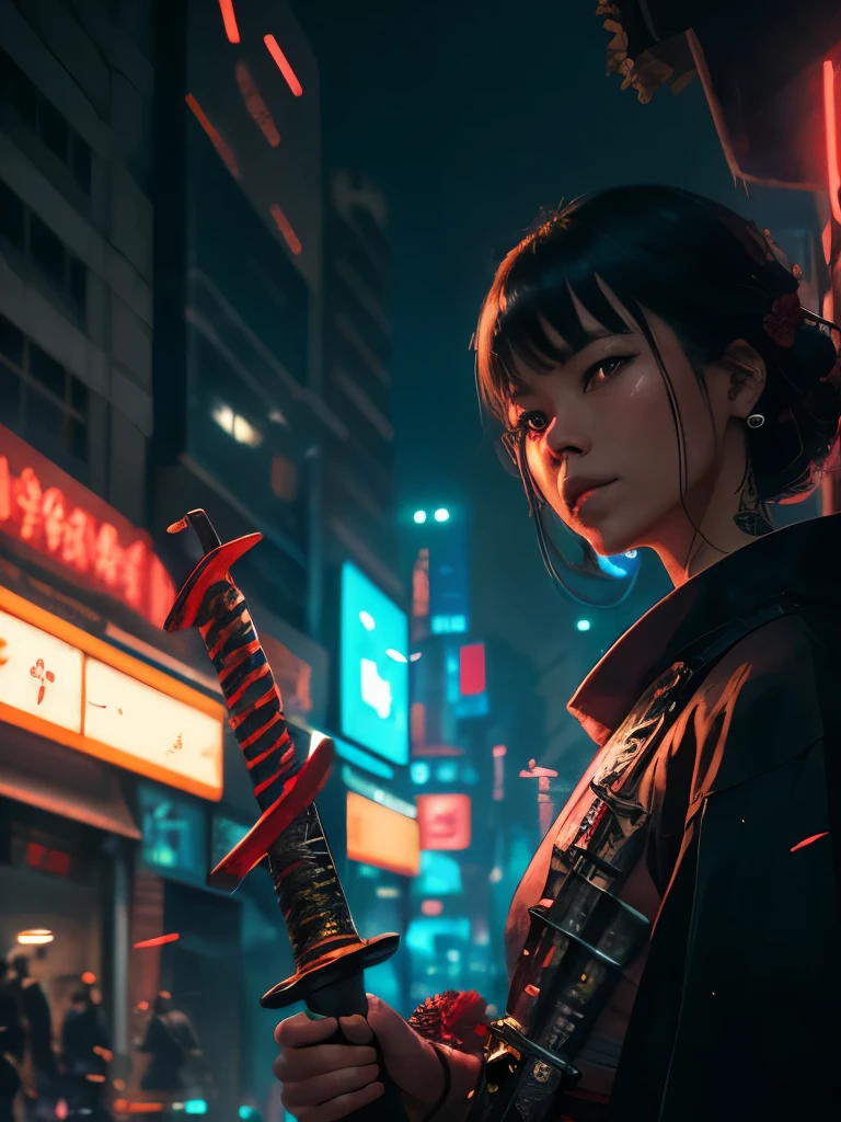 a close up of a person holding two swords near a tree, cyberpunk art by Mike Winkelmann, trending on cgsociety, fantasy art, neon samurai, very beautiful cyberpunk samurai, cyberpunk samurai, portrait of a cyberpunk samurai, samurai warrior, japanese art on behance, 🌺 cgsociety, urban samurai, cyborg samurai, cgsociety 4k”, japanese samurai