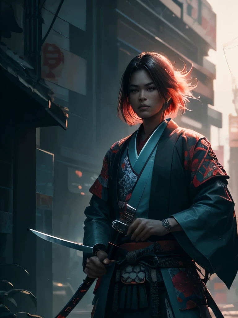 a close up of a person holding two swords near a tree, cyberpunk art by Mike Winkelmann, trending on cgsociety, fantasy art, neon samurai, very beautiful cyberpunk samurai, cyberpunk samurai, portrait of a cyberpunk samurai, samurai warrior, japanese art on behance, 🌺 cgsociety, urban samurai, cyborg samurai, cgsociety 4k”, japanese samurai